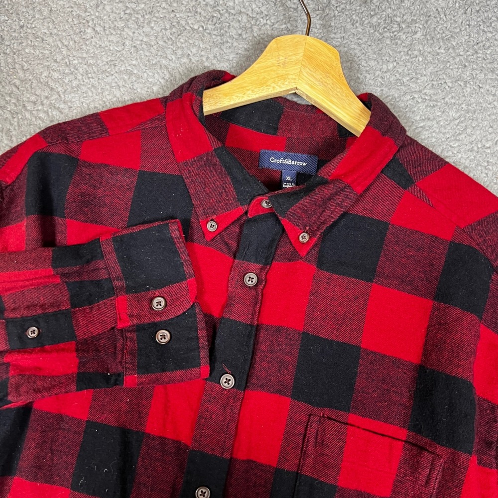 Croft & Barrow Flannel Shirt Mens XL Red Black Excellent Buffalo Plaid Button Up